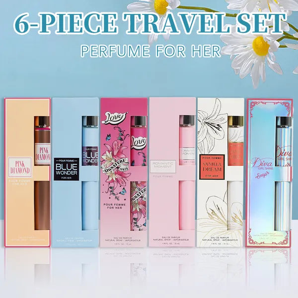 Six-piece perfume travel set final packaging shot