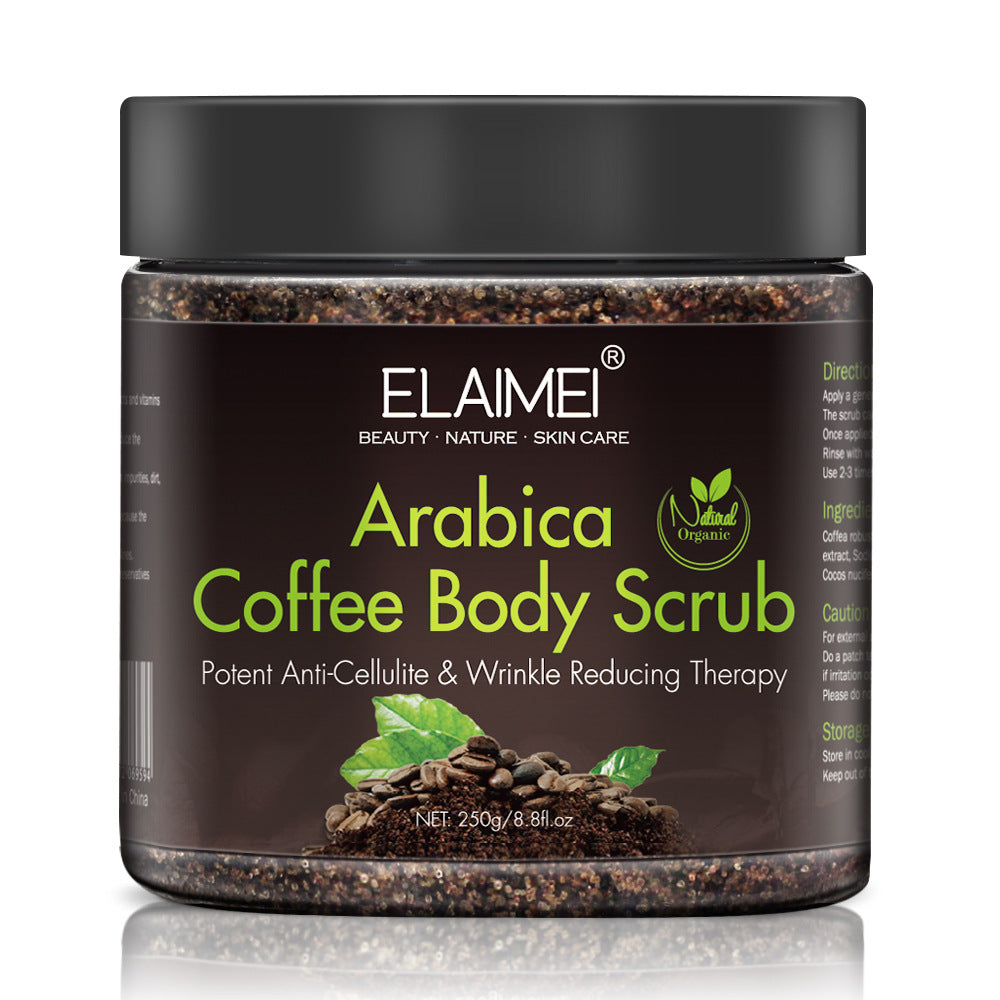 Coffee body scrub jar held in hand for size reference