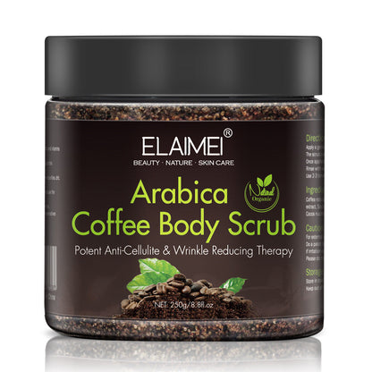 Coffee body scrub jar held in hand for size reference