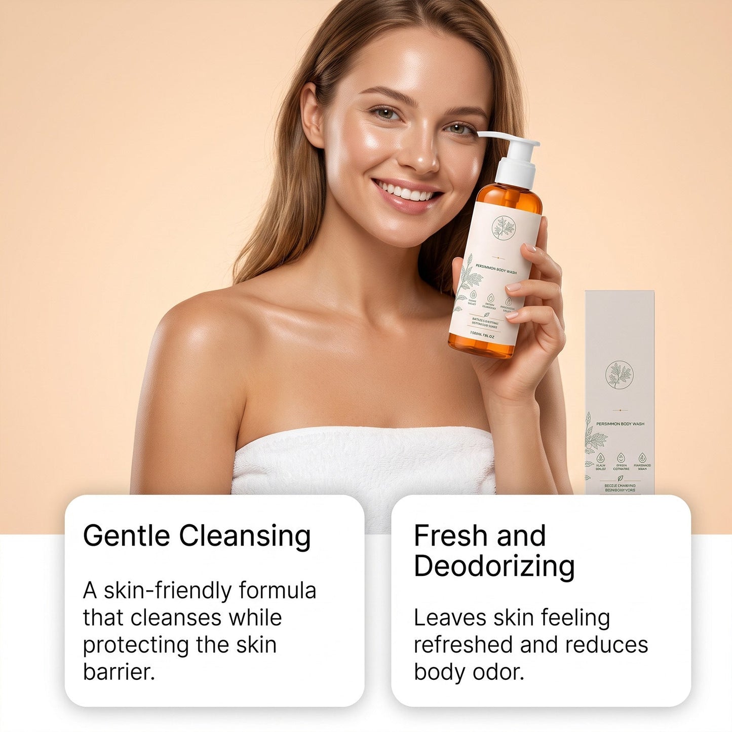 Applying persimmon body wash in shower