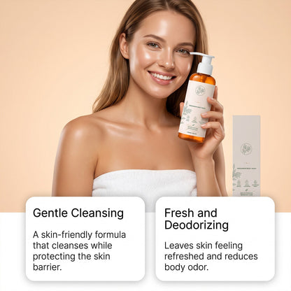 Applying persimmon body wash in shower