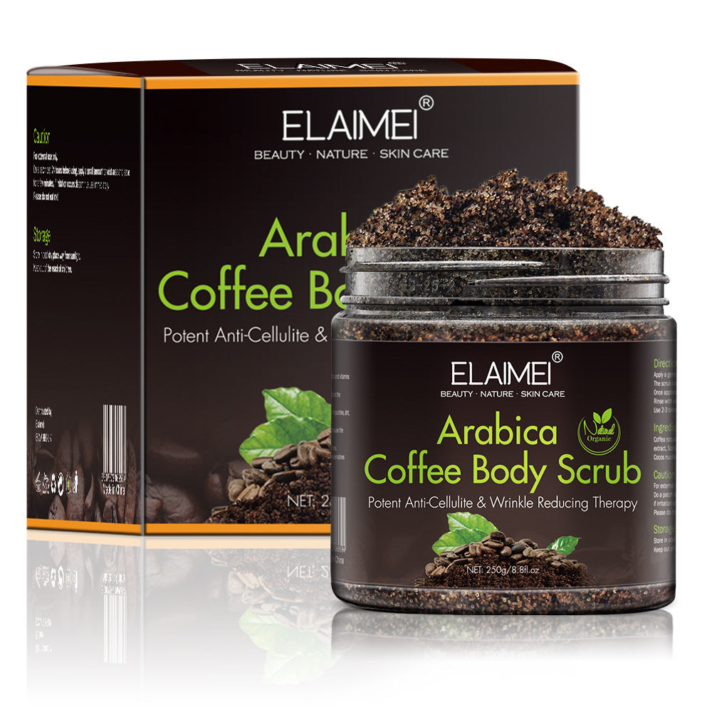 Coffee body scrub ingredients and packaging details