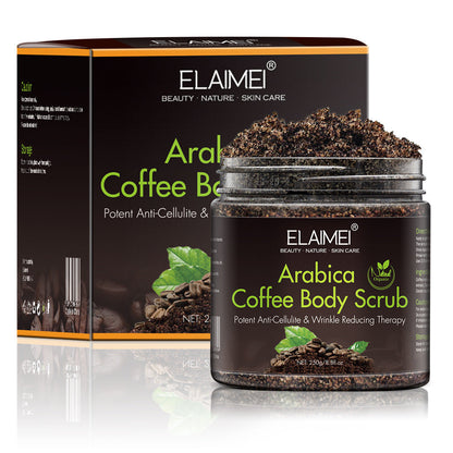 Coffee body scrub ingredients and packaging details