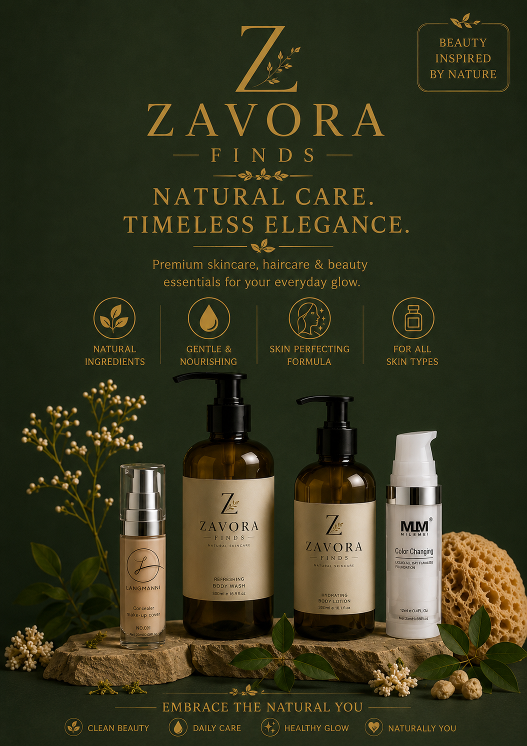 Zavora Finds homepage banner featuring skincare and beauty products, mobile view