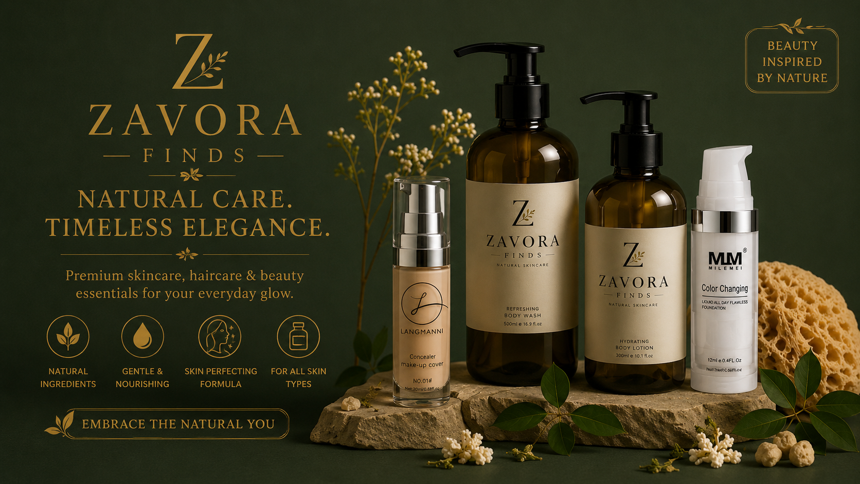 Zavora Finds homepage banner featuring skincare and beauty products