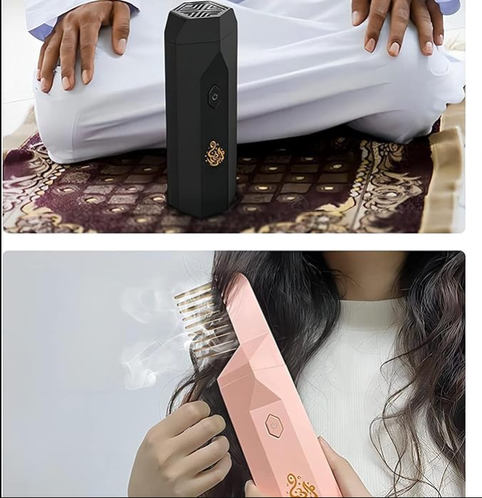 Black electric hair styling comb being used