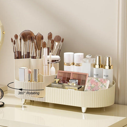 Rotating makeup organizer with brush holder large capacity
