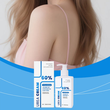 Applying urea body lotion to dry skin