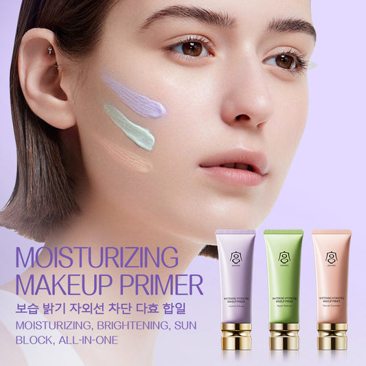Whitening and hydrating makeup primer bottle on white background