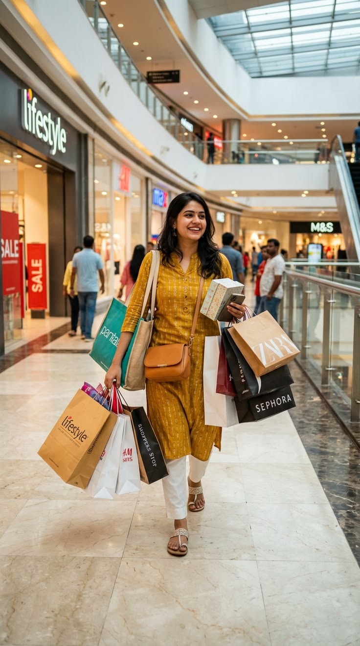 Smiling woman carrying shopping bags in a modern shopping mall, representing premium beauty, fashion, and lifestyle shopping.